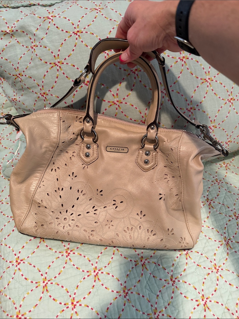 Coach Beige Perforated Leather Satchel with Top Handles